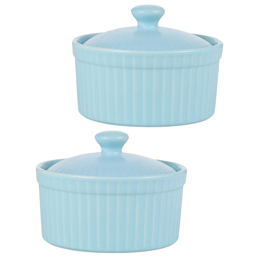 

2pcs Convenient Smooth Edges Lidded Ceramic Porcelain Ramekin Dessert Serving Bowl Brulee Ramekin Custard Bowl