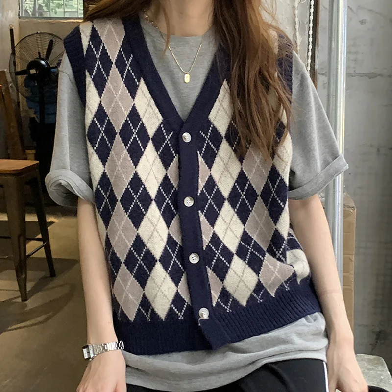 

Fall/winter College Wind V-neck Plaid Knit Vest Women Wear Loose Student Joker Sleeveless Sweater Vest Coat sueter verde