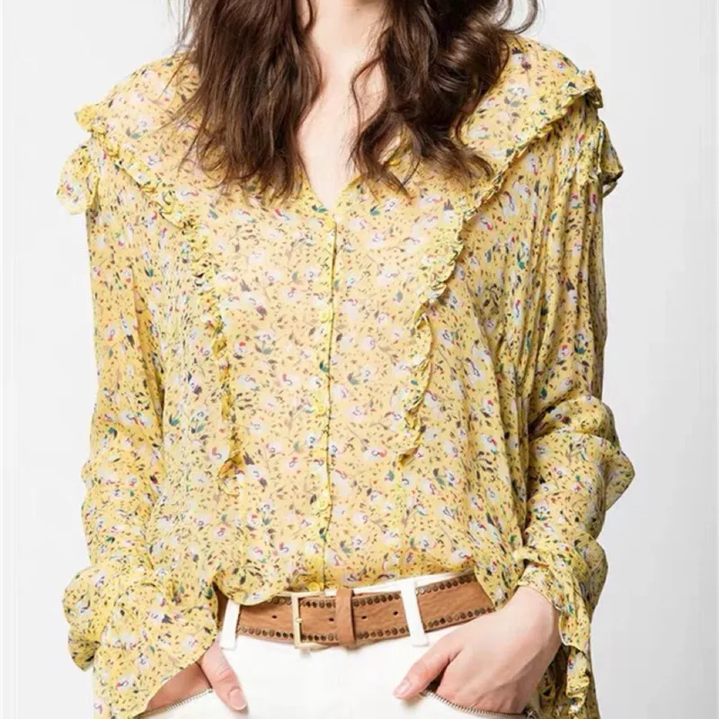 

Yellow Floral Print Shirt Women Long Flare Sleeve Single Breasted Chemise Ruffles Fresh Female Blouse Spring New