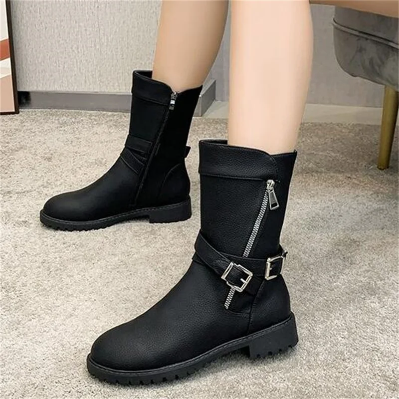 New style autumn and winter thick heel large female boot side zipper leather casual thick-soled riding boots female shoes