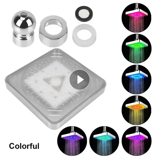 

LED Shower Head Rainfall Top Spray Square Fixed Shower Head 7 Colors Gradual Changing Temperature Sensor For Bathroom