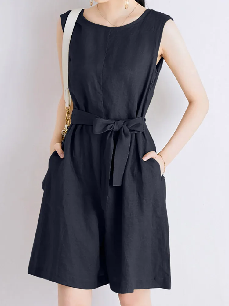 

Women Rompers 2022 ZANZEA Summer Elegant Sleeveless Solid Jumpsuits Loose Work Playsuits Casual Cotton Beach Wide Leg Overalls