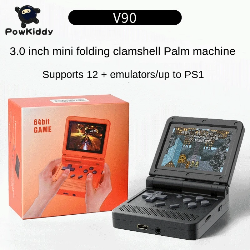 

POWKIDDY V90 Handheld Console Dual Open System 3-Inch IPS Screen Flip Game Console 16 Simulators Retro PS1 Kids Gift 3D New Game