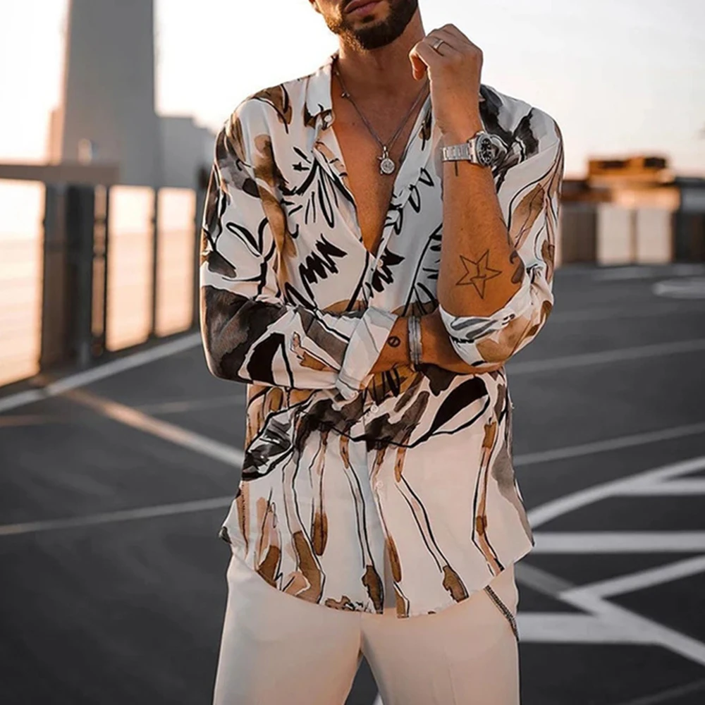 

Ethnic Printed Shirt Men Hawaiian Button Long Sleeved Digital Shirt For Men Casual Holiday Streetwear Vintage S-4XL 2023 Spring
