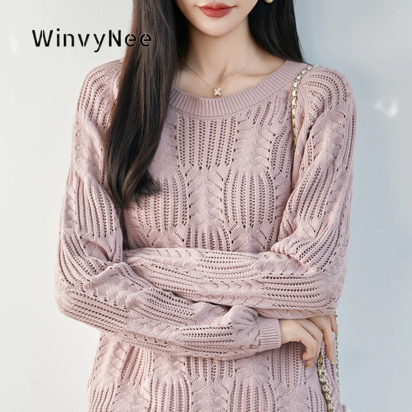 Фото Женский джемпер WinvyNee, 100% хлопок, круглый вырез, ажурная вязка, свободный крой, универсальный, мягкий, дышащий, стильный повседневный предмет одежды ZA1092032 №4
