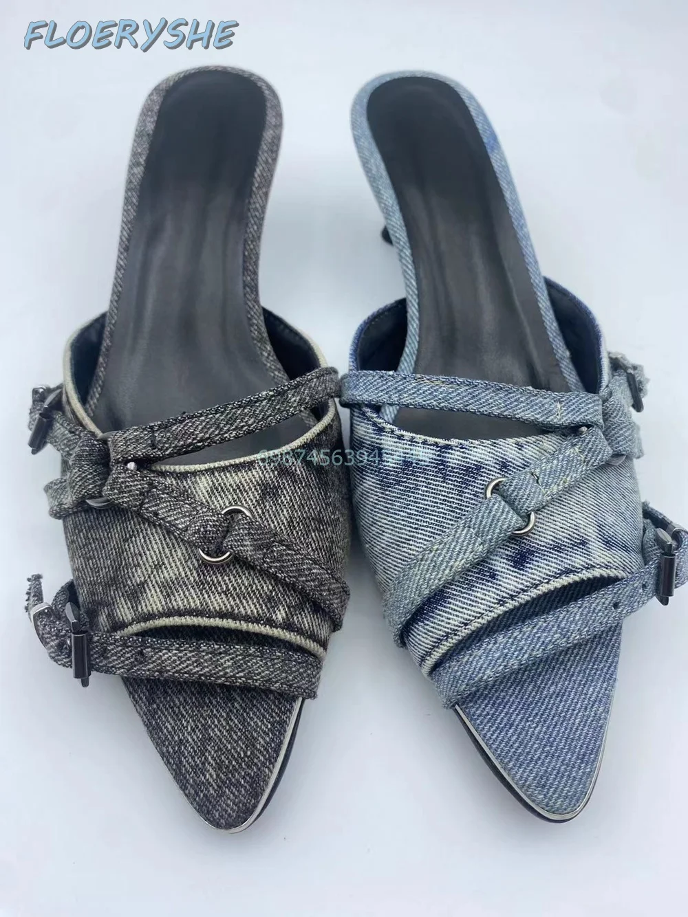 Женские ковбойские шлепанцы черные или синие с острым носком на тонком каблуке