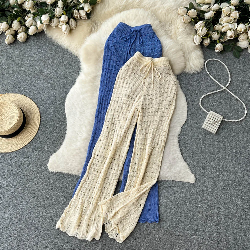 

VANOVICH Spring and Summer 2023 New Elastic High Waist Loose Solid Color Wide Legs Pants Casual Female Hollow Out Long Pants