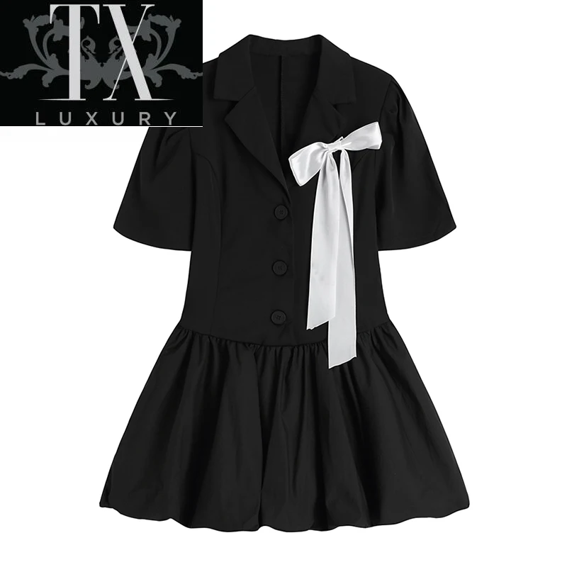 

Женское летнее короткое платье с рукавами-фонариками и бантом