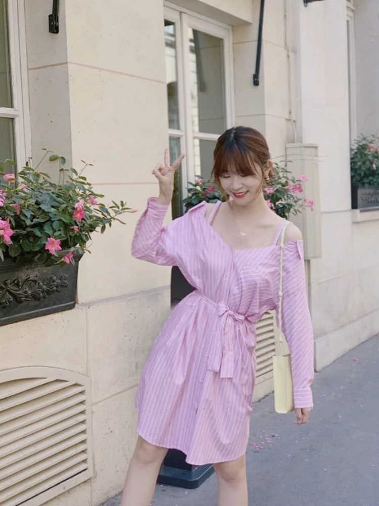 

Women Dress Maj New 100% Cotton Autumn and Winter Sling Strapless Striped Shirt Bow Belt Midi Dress