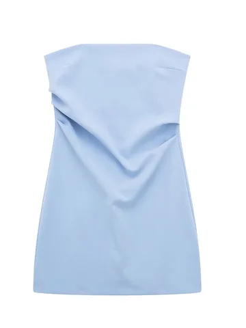 Женское модное синее Плиссированное мини-платье DUOPERI на молнии сзади, винтажные женские шикарные платья без бретелек с воротником-лодочкой
