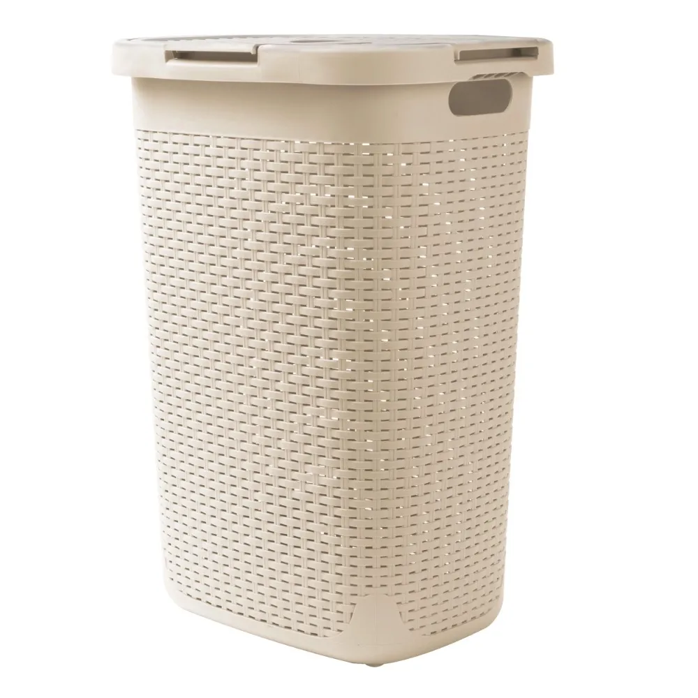 

60 Liter Plastic Laundry Basket with Cutout Handles & Lid, Ivory