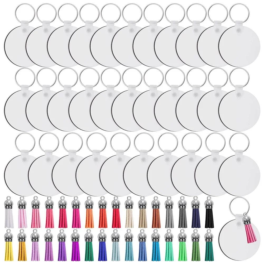 

128Pcs Sublimation Keychain Blanks Set Key Rings Sublimation Blanks Heat Transfer Keychain Tassels MDF Blank-Round