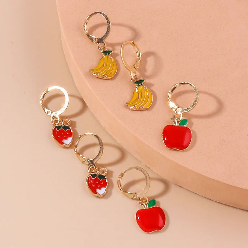 

3 Pairs/set Cute Fruits Drop Earrings for Women Apple Strawberry Banana Dangle Earrings for Girls Party Birthday Jewelry Gifts