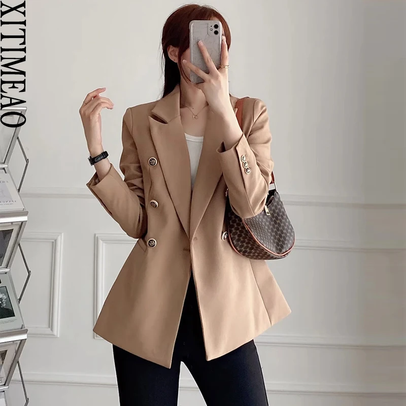 

XITIMEAO Women Fashion Double Breasted Office Wear Blazer Coat Vintage Long Sleeve Welt Pockets Female Outerwear Chic Veste
