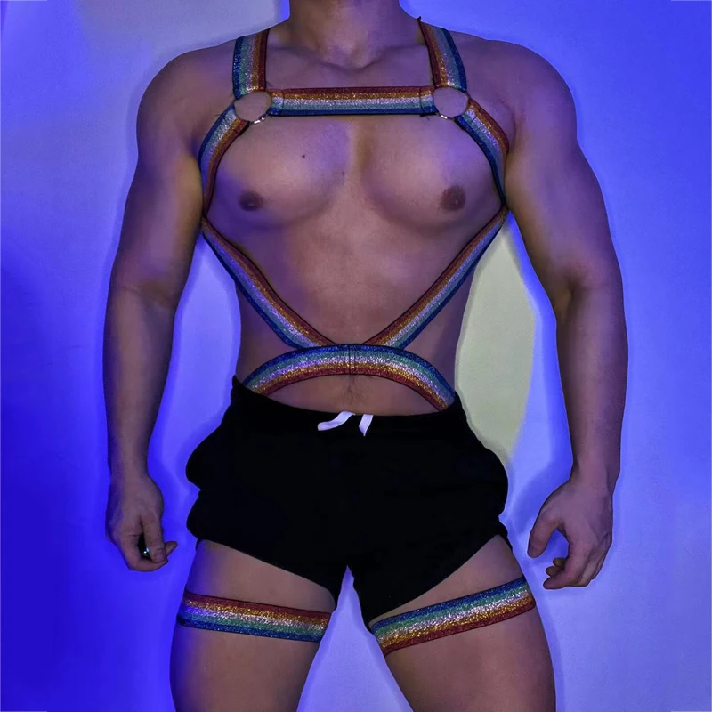

Sexy Iridescent Elastic Chest Strap Pole Dance Legs Strap Men Hollow Halter Neck Straps Shorts Stage Show Accessories XS3910