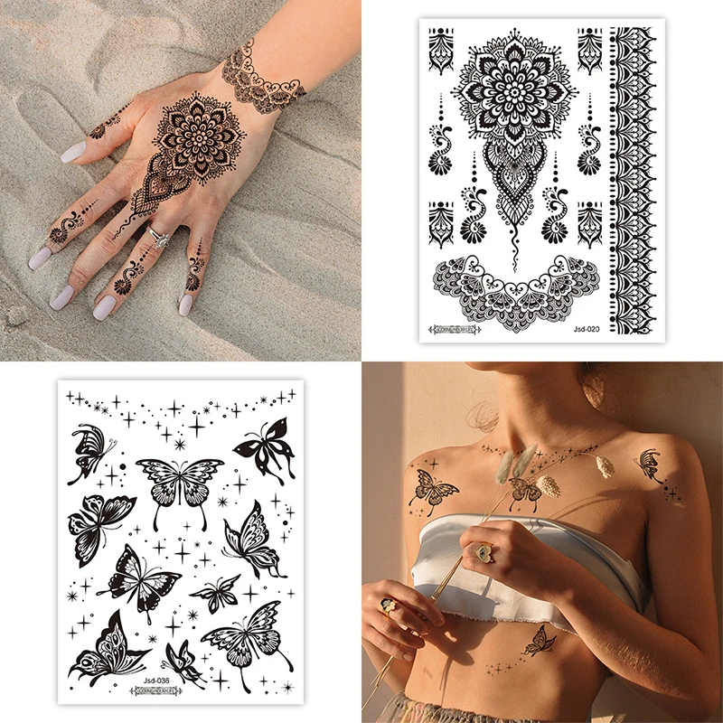 

Waterproof Temporary Tattoo Stickers Black Butterfly Rose Transfer Flash Tattoo Women Sexy Neck Hand Chest Body Art Fake Tattoos