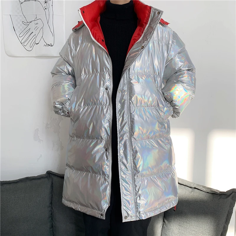 Bright Reflective Long Puffer Jacket for Men Winter Fashion Trends Teen Warm Clothing Removable Wings on Hip Hop Coat Streetwear