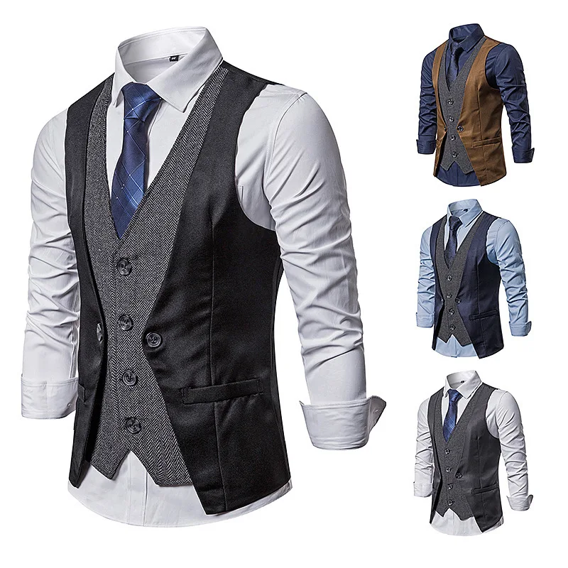 

Men's Herringbone Vest Formal Business Dress Suit Vests For Wedding Splicing Fake Two-piece Single Breasted Casual Waistcoats