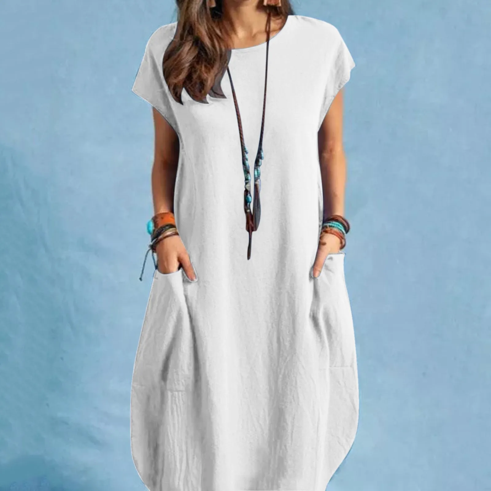 

Short White Dress Loose Solid Casual Dress Dress Sleeve Short O Neckline Loose Pocket Women Women's Black Jacket Women Dress
