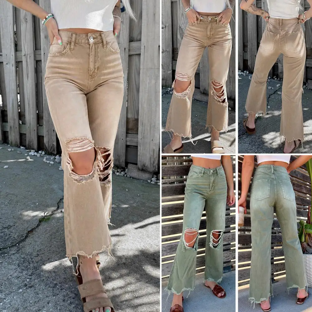 

Sexy Summer Ripped Jeans Woman High Waist Holes Destroyed Broken Wide Pants Vintage Female Denim Trousers Distressed Designer