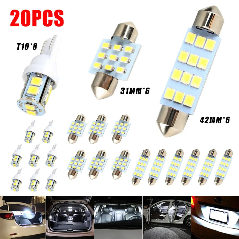 

20PCS LED Interior Light Bulb Kit T10 31mm 42mm Bulb 12V Car Trunk Dome Light 6000K White License Plate Light Auto Reading Lamp