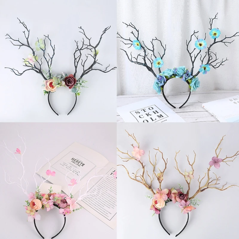 

Flower Deer Antlers Headband Elk Horn Headwear Floral Headpiece Christmas Photo Props Accessories Party Decorations
