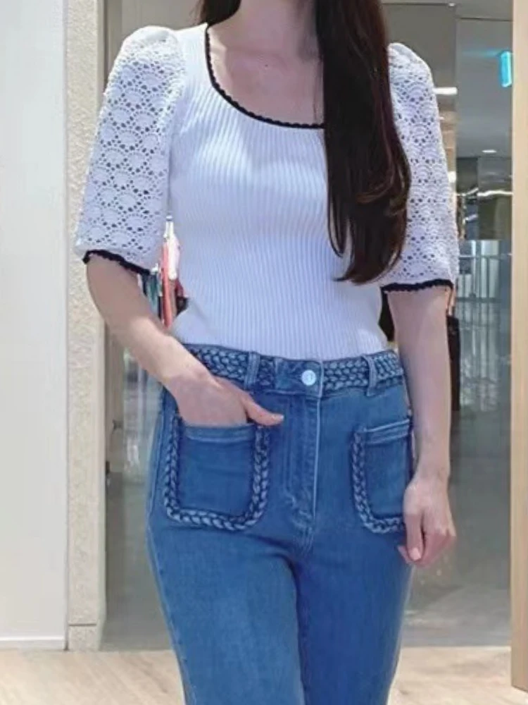 

Женский трикотажный пуловер, ажурный топ контрастных цветов с круглым вырезом и коротким рукавом, лето 2022