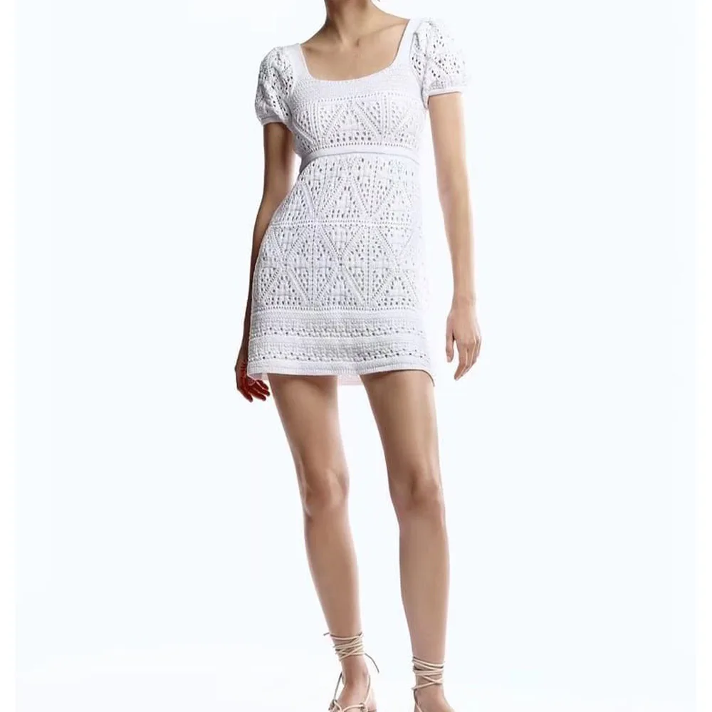 

Женское летнее вязаное крючком платье, облегающая Яркая юбка с пышными рукавами в европейском и американском стиле, новинка 2022