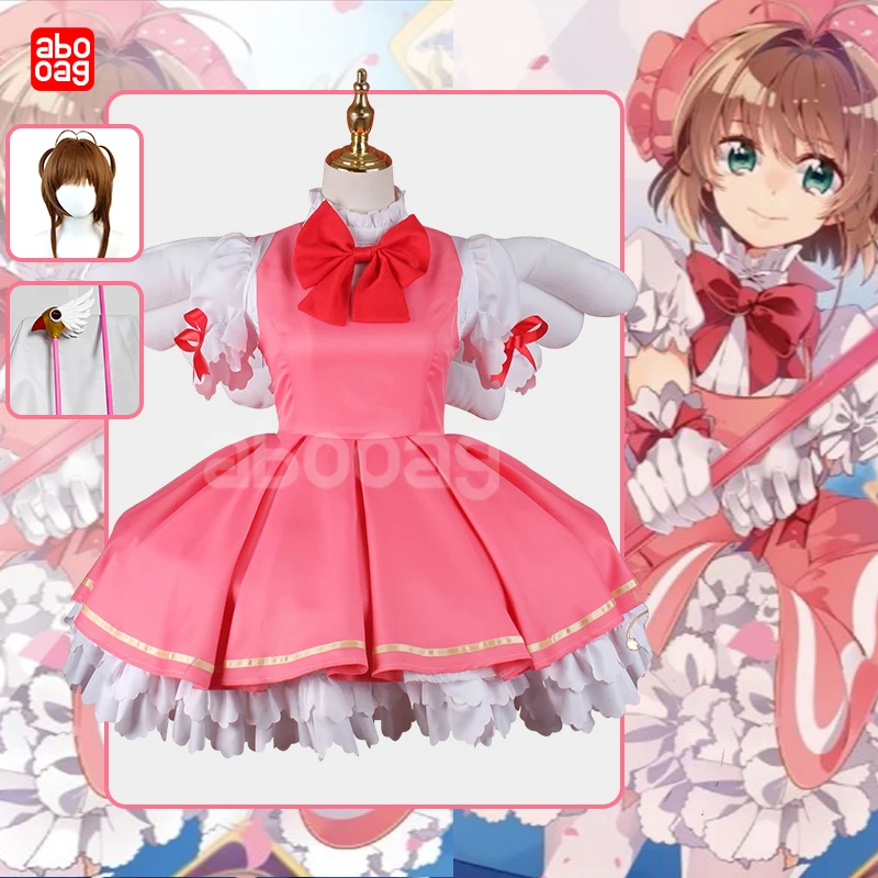 

Card Captor Sakura Cosplay Costume Sakura Suit Wig Staff Wing Anime Cosplays Role Play Cute Girl Skirt Pink Frock Women's Suit