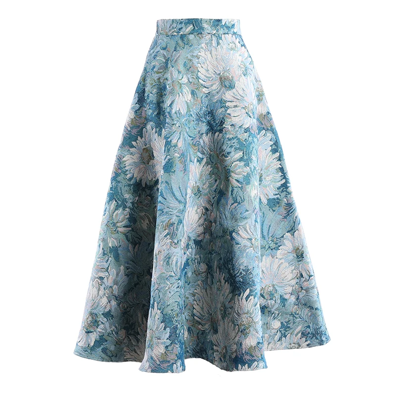 

PHOEBE HZ Autumn Winter Women Midi Skirts Chinese Vintage Style Jacquard Oil Painting Designs Flower Full Hemline A Line Skirt