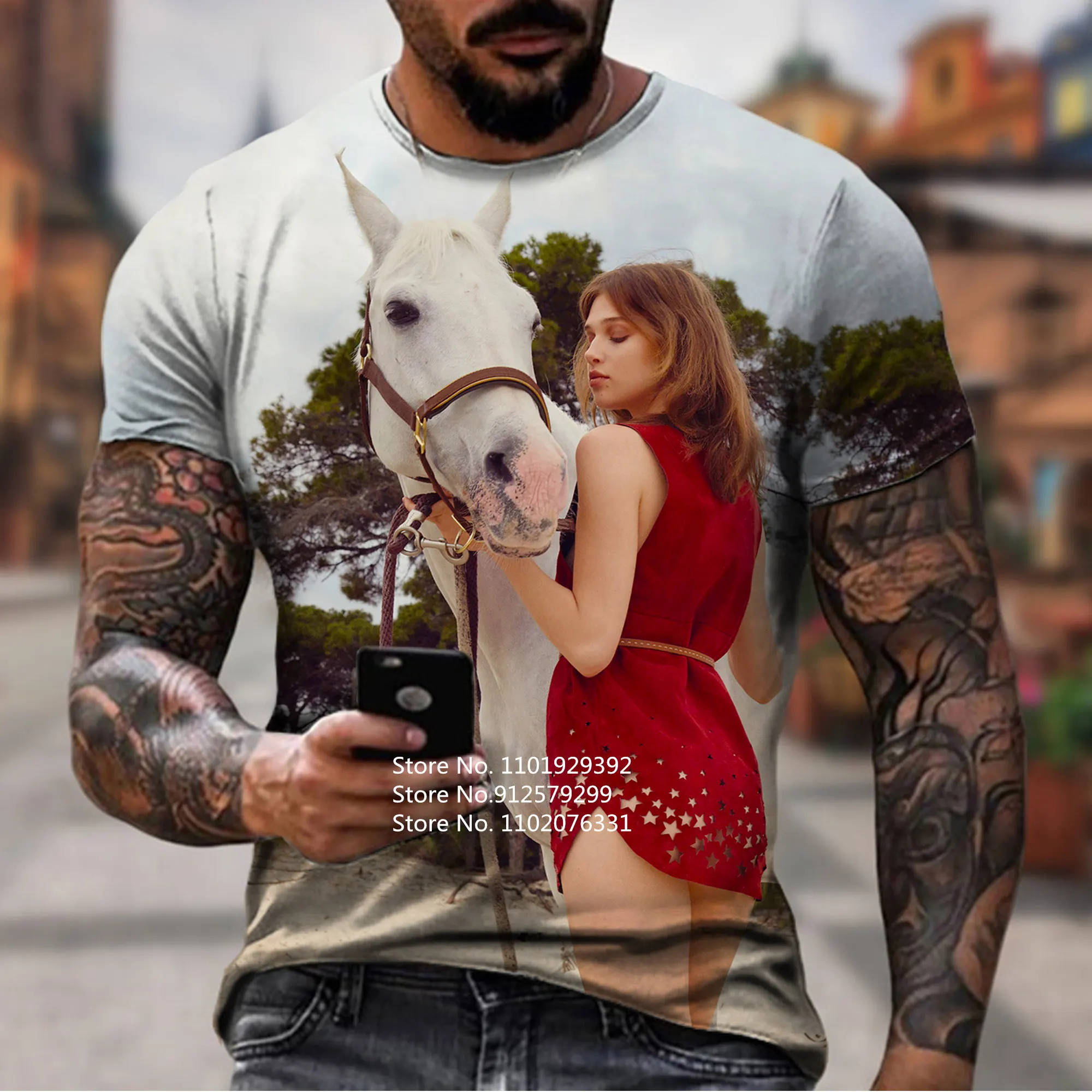 

Брендовая Летняя мужская футболка BIANYILONG Beauty/Mustang с круглым вырезом, крутая уличная одежда с изображением животных и лошадей