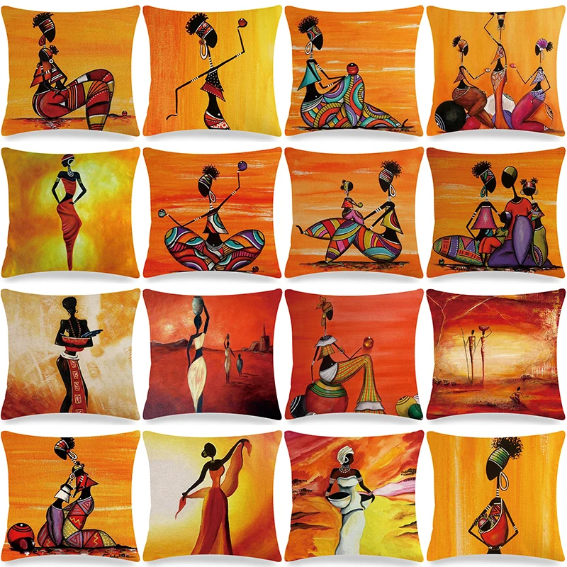 

Tropical National Customs Cushion Cover 45x45cm African Woman Printed Pillow Case Square Linen Pillow Cover for Home Decorative