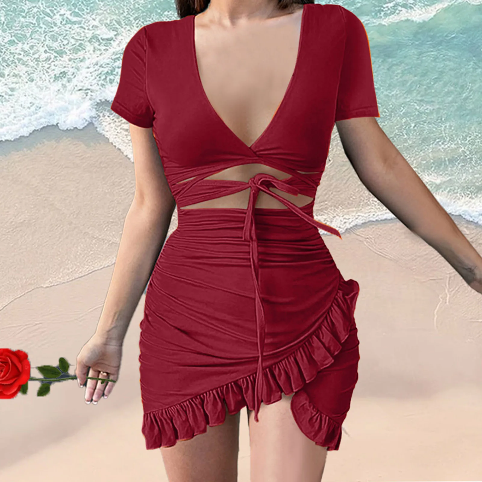 Женское облегающее платье с оборками летнее приталенное коротким рукавом и