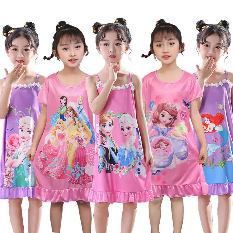 

Disney Princess Elsa Cinderella Girls Pajamas Summer Girls Children Ice Silk Suspender Nightdress Imitation Silk Home Dress