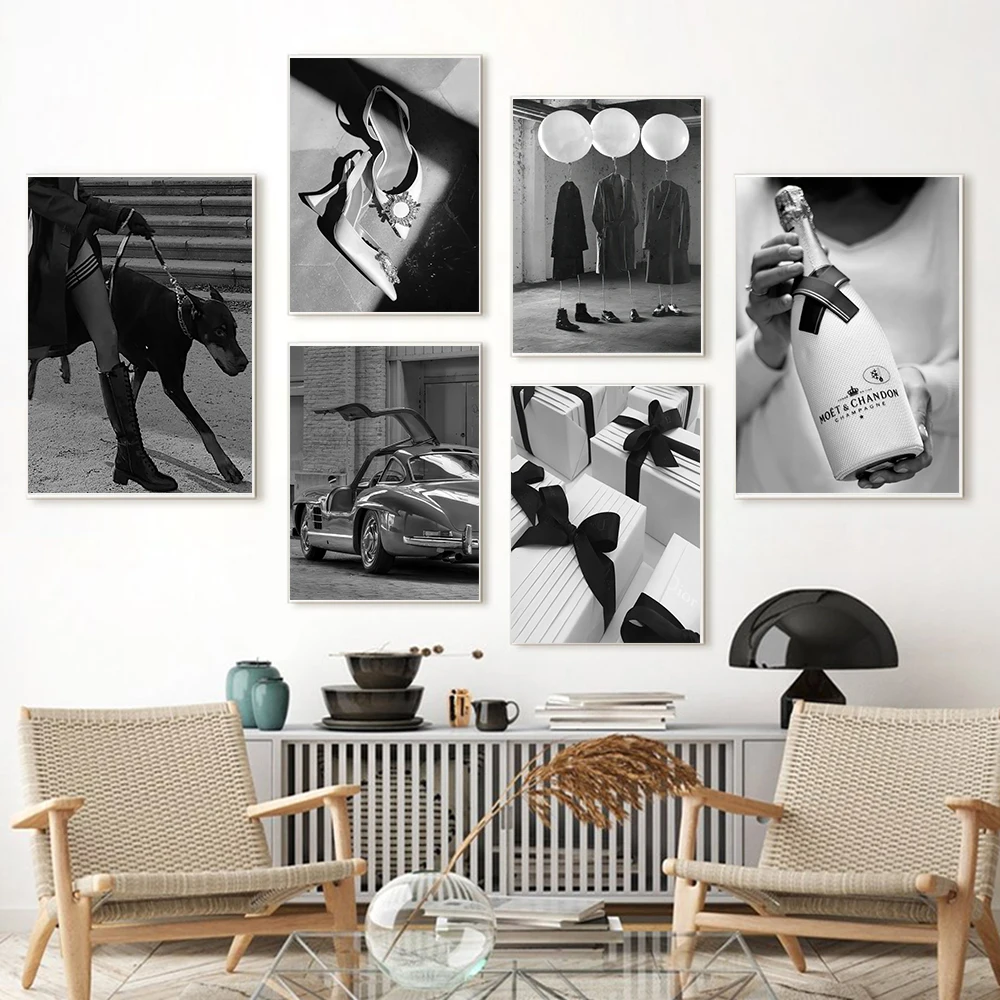 

Champagne Doberman Dog Luxury Canvas Painting And Prints Black White Camera Car Poster Nordic Wall Art Picture Room Decor
