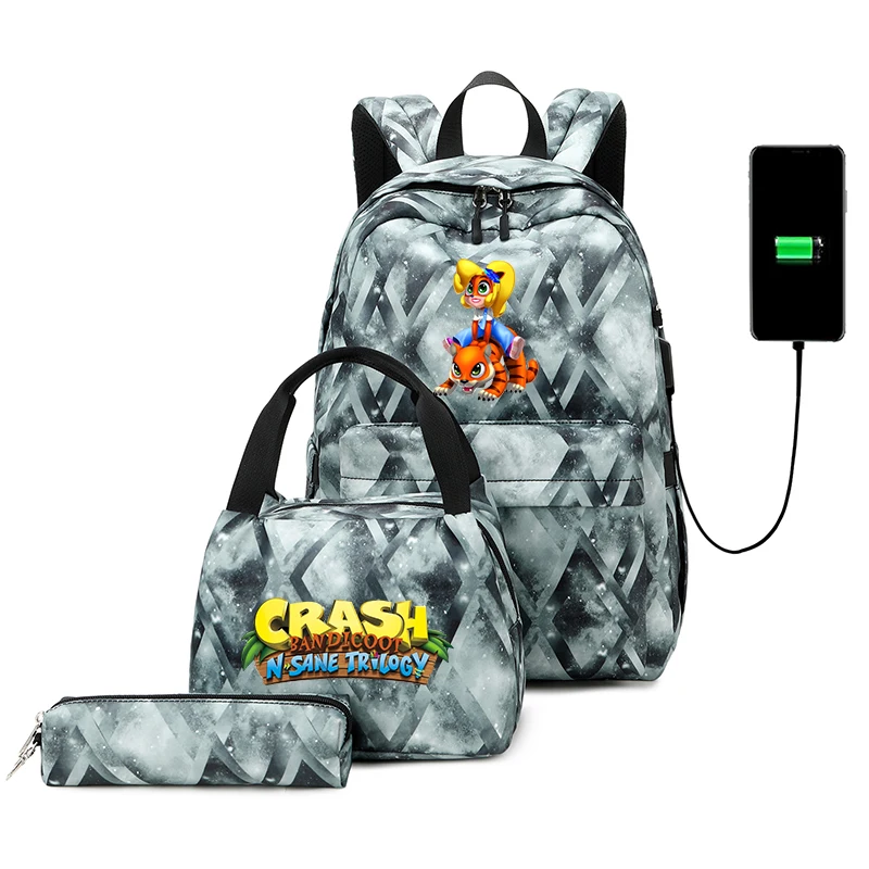 

3pcs/set Game Crash Bandicoot School Bags For Teenager Boy Girl USB Charging Travel Backpack Mochila Children Rucksack Book Bags