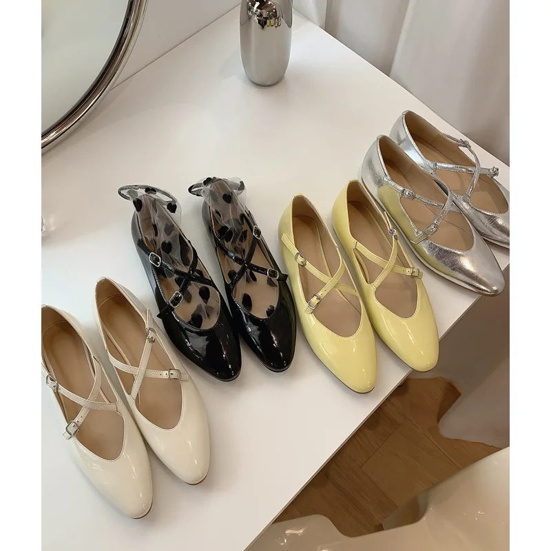 French Silver Mary Jane Women's 2022 Summer New Flat Bottom Temperament Ballet Shoes Cross Strap Grandma Shoes