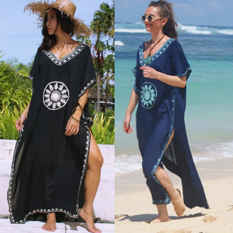 

Cover-ups Rayon Embroidered Plus Size V-neck Loose Resort Beach Long Dress for Women 4-colors Print Dress Bikini Blouse Swimwear
