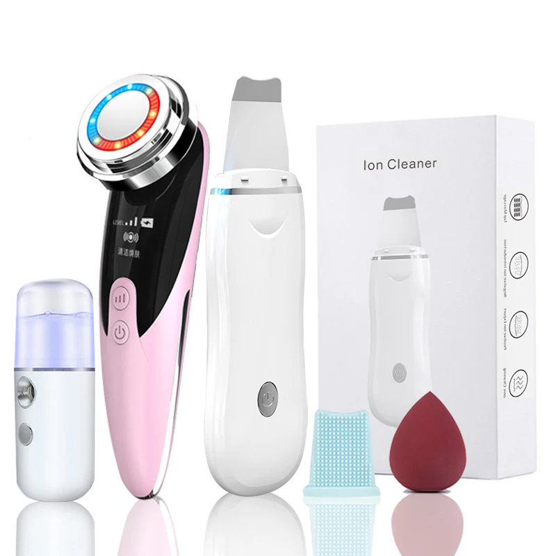Ultrasonic Skin Scrubber Kit Vibration Face Spatula Blackhead Remover EMS LED Facial Massager Cavitation Peeling Facial Lifting