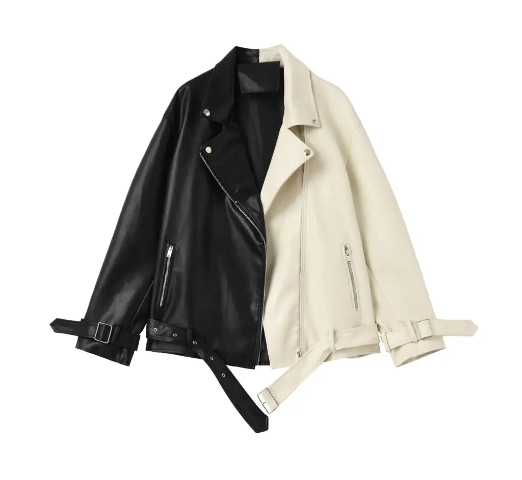 

Spring Autumn Lapel Splicing Pu Leather Jacket Women Moto Frenulum Faux Soft Leather Coat Casual Loose Outwear With Belt