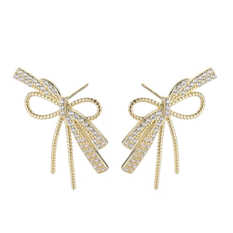 

High-quality Whole Body 925 Sterling Silver Gold-plated Bow Stud Earrings for Women Japanese and Korean All-match Simple Jewelry