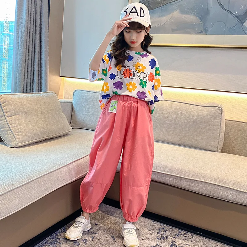

New Summer Girls Clothes Sets Print Casual Children Tracksuit Kids Clothing Suit Baby T shirt+pant 2pcs 8 10 12 14 Year