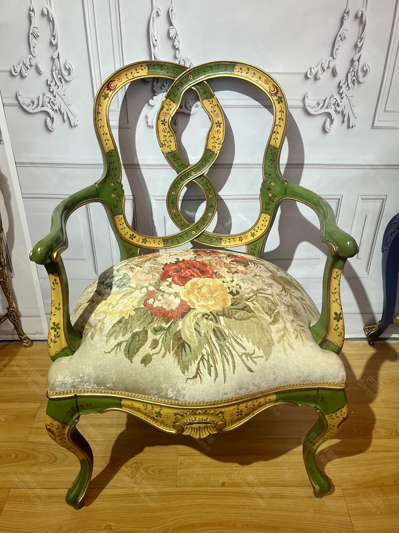 

European-style French Pastoral Retro Green Painted Romantic Flower Fabric Peach Blossom Core Wood Armchair