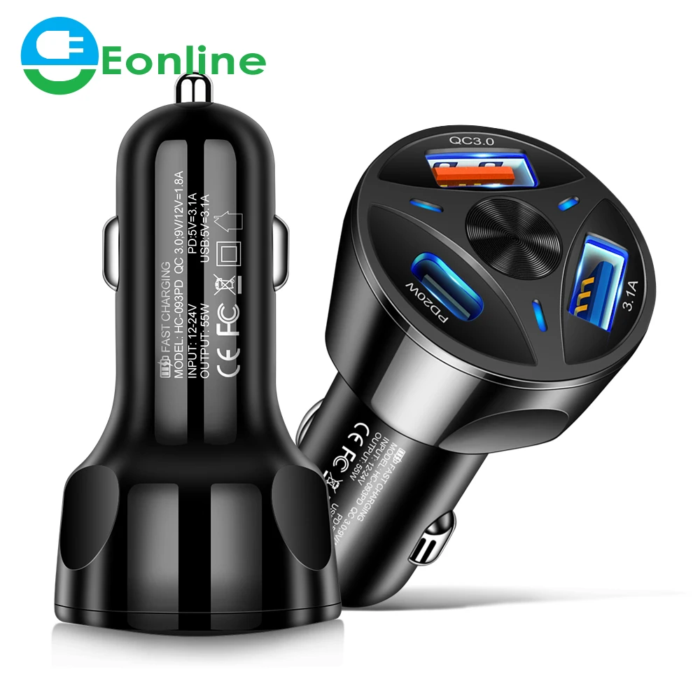 

EONLINE 55W Dual USB Car Charger Fast Charging QC 3.0 PD Type C Car Phone Charger Adapter For iPhone Xiaomi Huawei Mobile Phone
