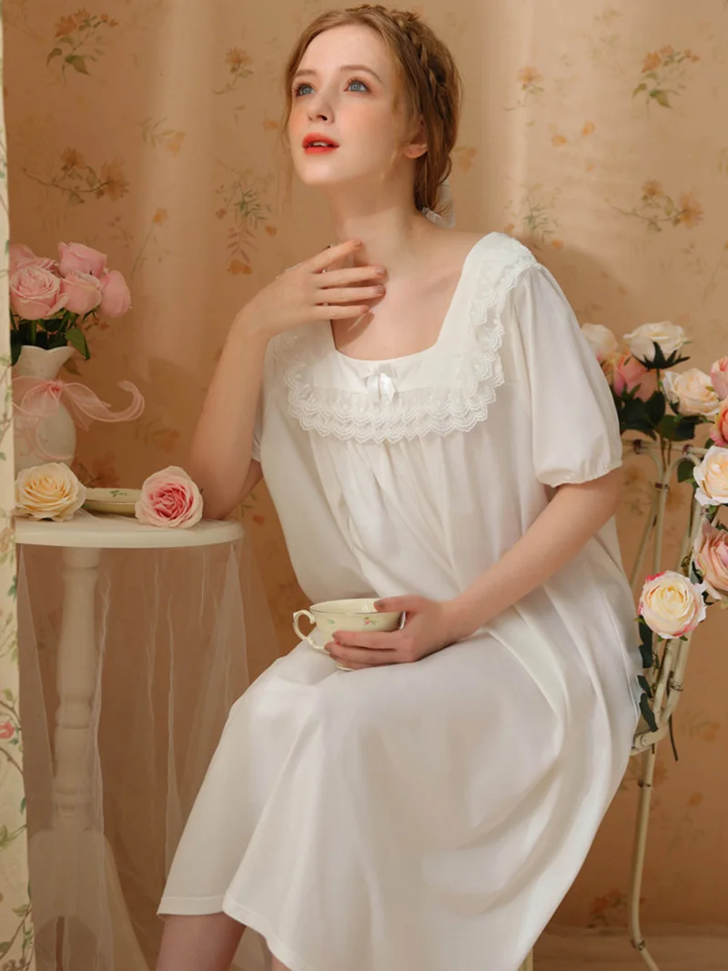 Summer Ruffles Backless Princess Pajama Night Dress Short Sleeve Backless Cotton Victorian Sweet Lolita Loose Women's Nightgown