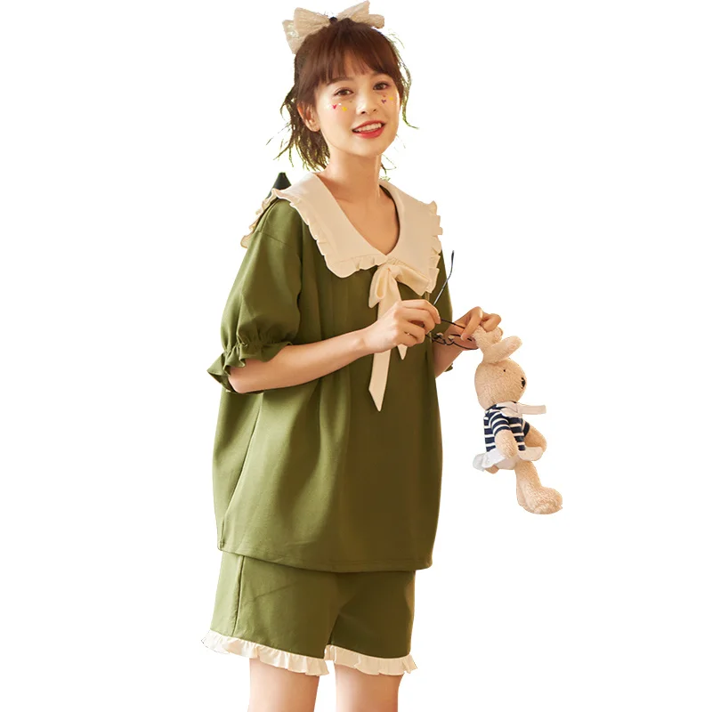 

Summer Loose Turndown Collar Women Pajamas Set 100% Contton Pyjamas Elastic Waist Shorts Homewear