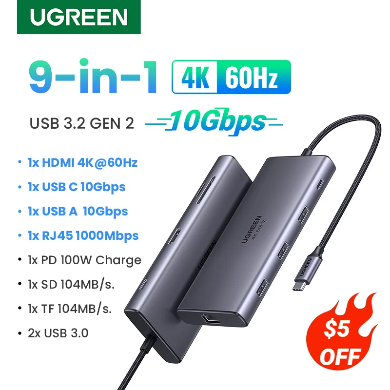 UGREEN 10 Гбит/с USB C концентратор 4K60Hz Тип C к HDMI RJ45 Ethernet PD100W для MacBook iPad Huawei Sumsang PC планшет телефон USB 3,0 концентратор