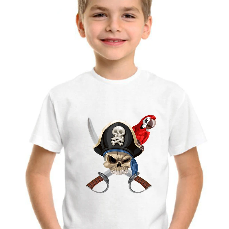 

kids cartoon t-shirt for girls clothes pirate skull parrot print kawaii t-shirt