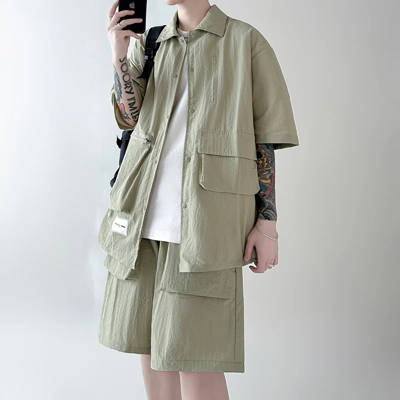Summer Sets Men Fashion Retro Pocket Short Sleeved Shirt Shorts Two-piece Men Streetwear Loose Cargo Sets Mens Short Sets M-2XL