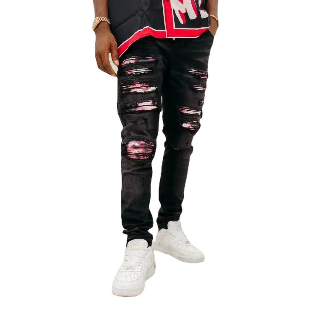 

Мужские джинсы с дырками AMNew, рваные джинсы с заплатками до колена, джинсовые брюки, облегающие брюки стрейч для мужчин